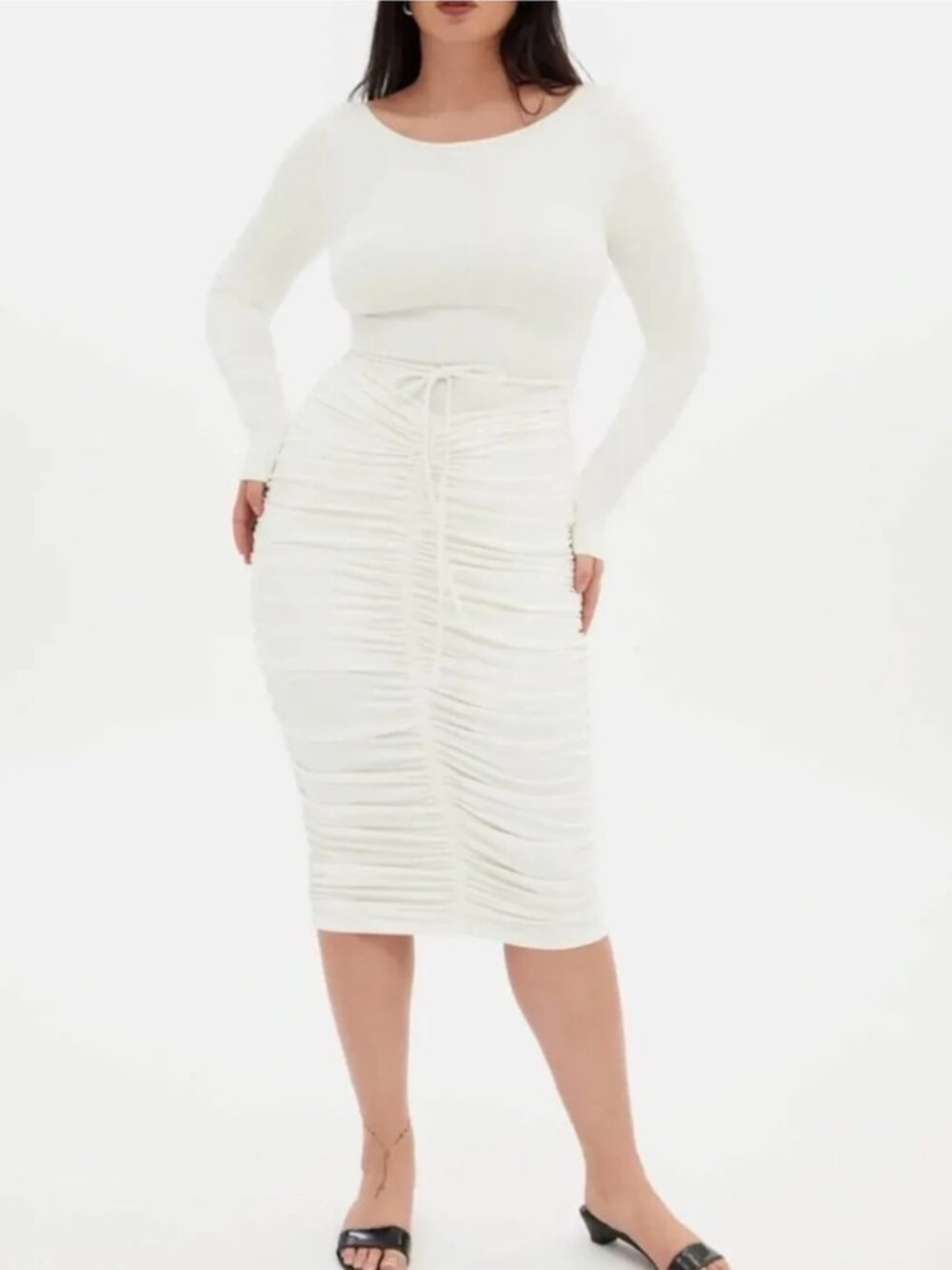 NWT Girlfriend Collective Andi Ruched Midi Dress Ecru White Size Small
